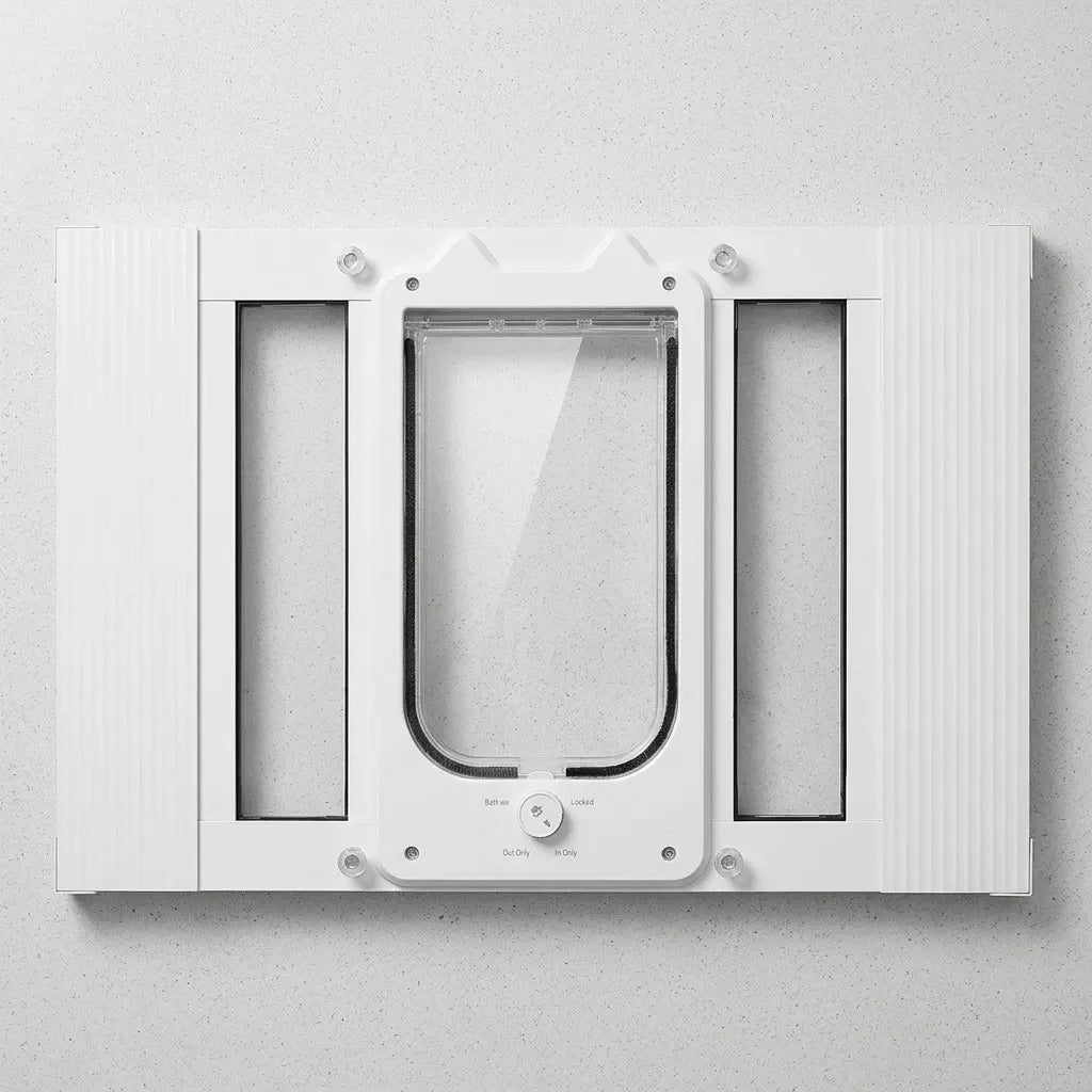 Chatière pour fenêtre aluminium blanche, vue frontale de l’ouverture et du volet transparent