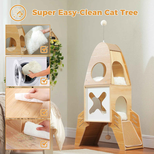 Arbre à chat en bois forme fusée avec cabanes, coussins blancs et griffoirs sisal.