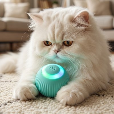 Balle interactive pour chat vert clair lumineuse, sous un chat blanc aux yeux jaunes