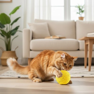 Balle de jeu pour chat en tissu pelucheux jaune, tenue par un chat