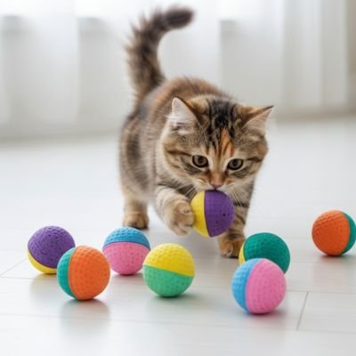 Balles de jeu pour chat multicolores, chat qui joue avec une balle