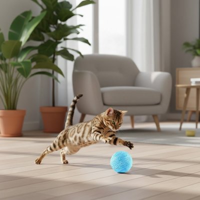 Balle de jeu pour chat en tissu pelucheux bleu, chat tigré qui la poursuit