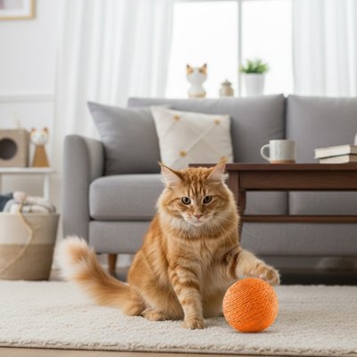 Balle de jeu pour chat en tissu pelucheux orange, le chat la pousse