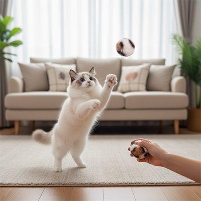 Balle interactive pour chat en peluche, balle multicolore lancée sur un tapis