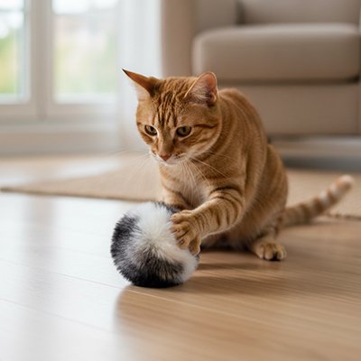 Balle interactive pour chat en peluche, balle rayée et pomponée dans la gueule