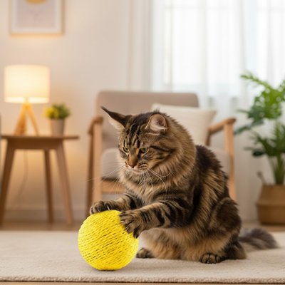 Balle de jeu pour chat en tissu pelucheux jaune, chat tigré en train de jouer