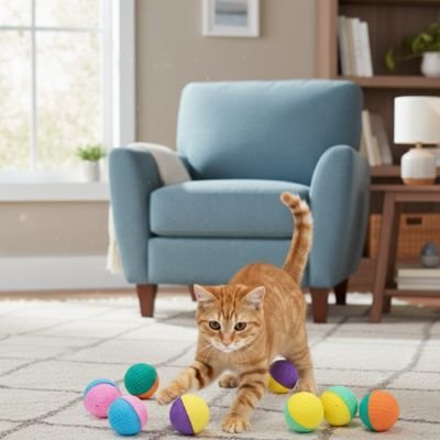 Balles de jeu pour chat multicolores, chat roux près des balles