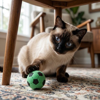 Balle interactive pour chat : ballon de football vert sur tapis
