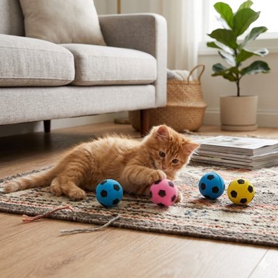 Balle interactive pour chat avec ballons de football bleus, roses et jaunes sur tapis