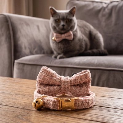 Collier chat marron en tissu, nœud papillon et clochette dorée