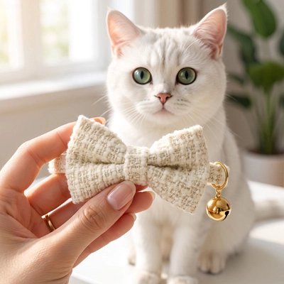 Collier chat beige, nœud papillon texturé et clochette dorée