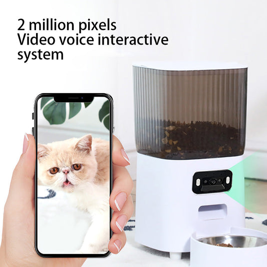 Distributeur de croquettes pour chat AutoFeeder blanc avec trémie brune; smartphone à l'écran