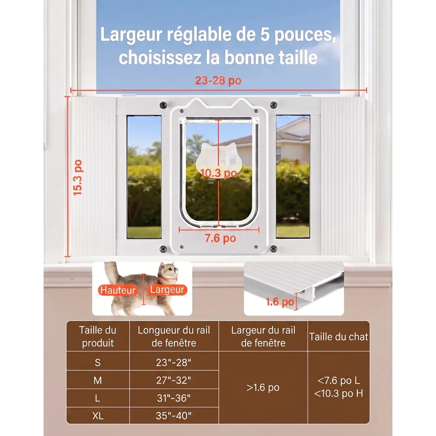 Chatière pour fenêtre réglable, gabarit de dimensions hauteur et largeur indiqué