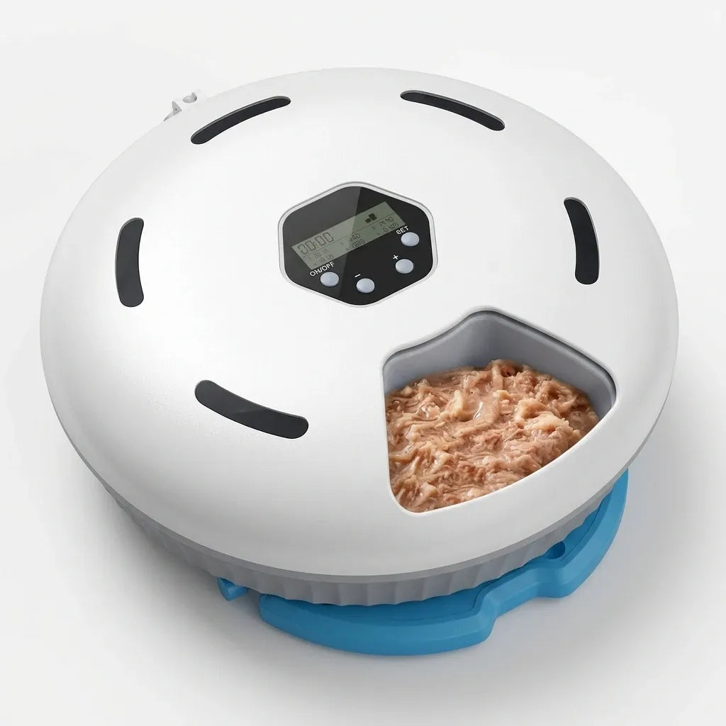  Distributeur automatique de nourriture humide pour chat – version blanche, 6 compartiments, fonctionnement sur piles
