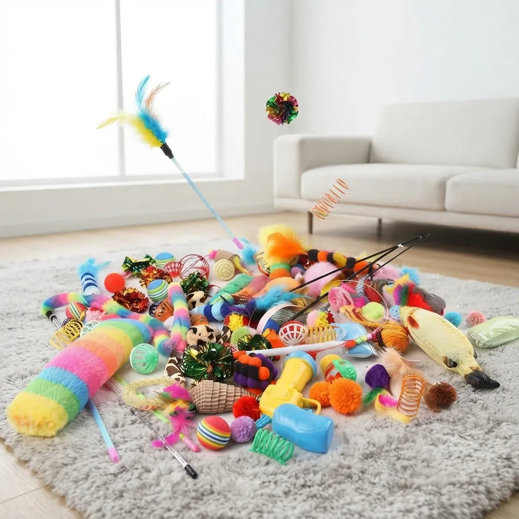 Pack de jouets pour chat éparpillés, canne à plume et peluches colorées