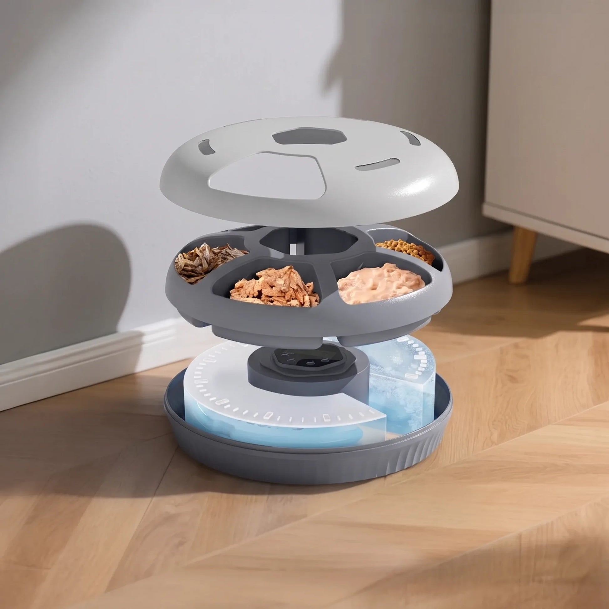 Distributeur décortiqué : Distributeur automatique de nourriture humide pour chat démonté – compartiments amovibles et élément réfrigérant

