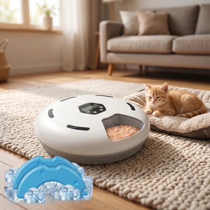 Chat couché à côté de son distributeur automatique de nourriture humide dans un salon moderne

