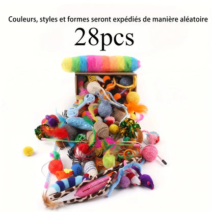 Pack de jouets pour chat, 28 pièces, boîte pleine d’accessoires multicolores