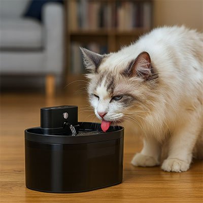 Fontaine à eau pour chat noire ronde avec jet; chat blanc et roux près du bassin