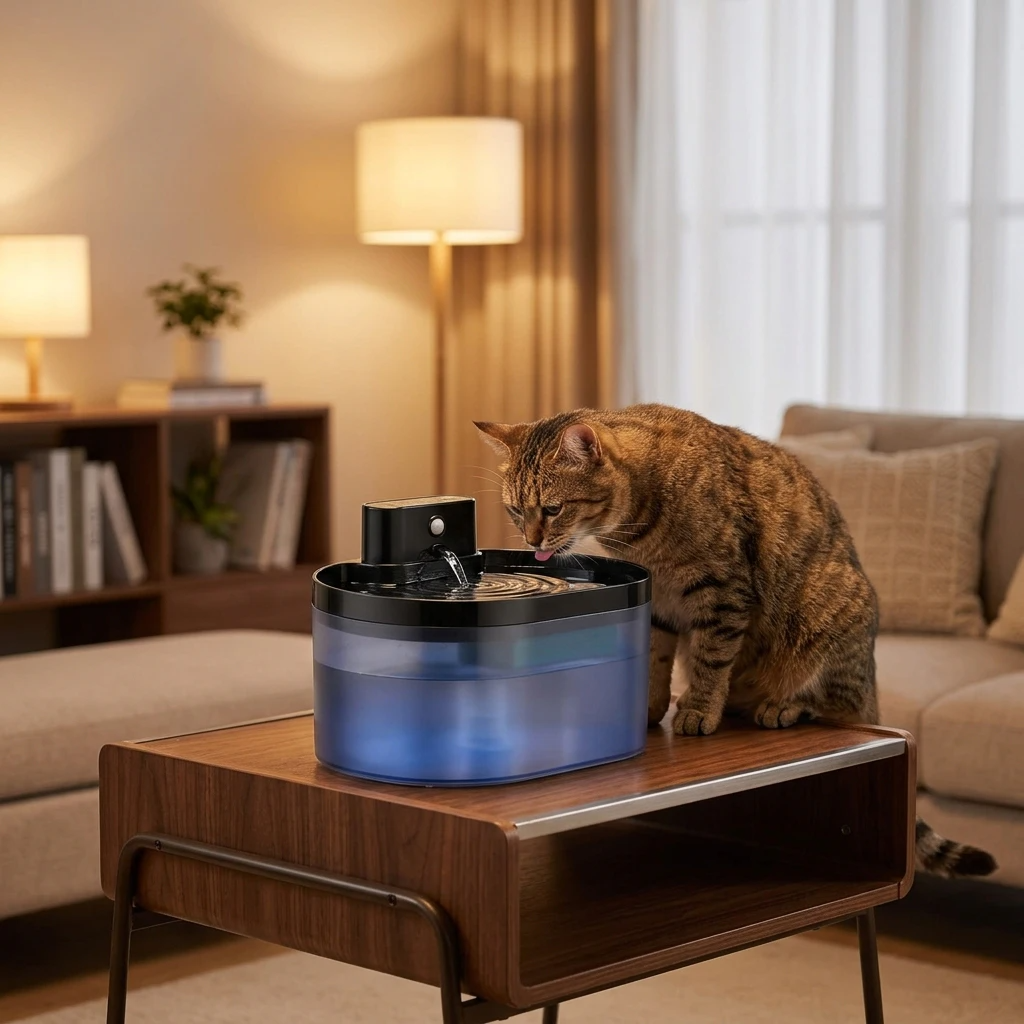 Fontaine à eau pour chat noire, réservoir circulaire et robinet; chat tigré à côté