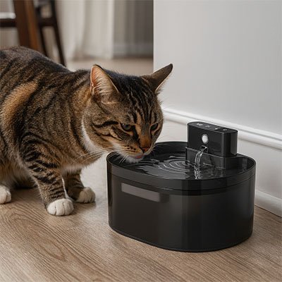 Fontaine à eau pour chat noire ronde avec jet; chat tigré penché près du bassin