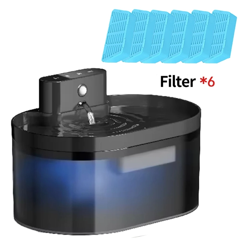 Fontaine à eau pour chat noire avec robinet; filtres de rechange bleus x6