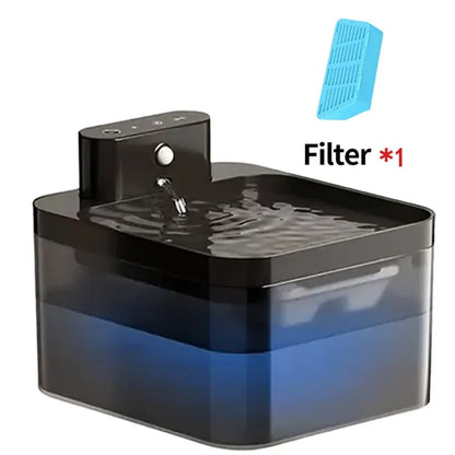 Fontaine à eau chat noire avec réservoir transparent et 1 filtre bleu.
