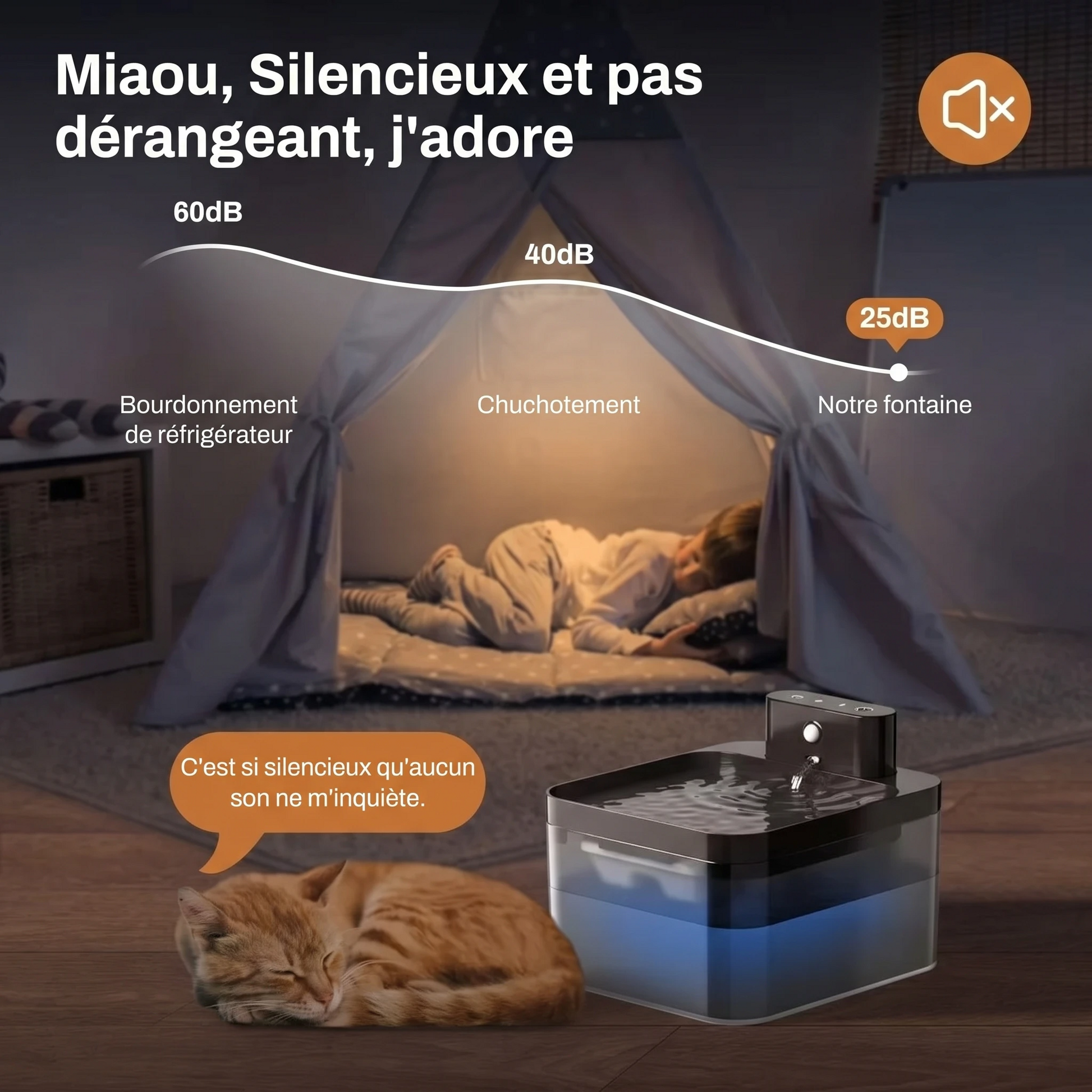 Fontaine à eau pour chat noire ronde avec bec; chat roux allongé près