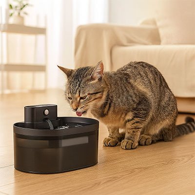 Fontaine à eau pour chat noire ronde avec bec; chat tigré buvant sur sol en bois