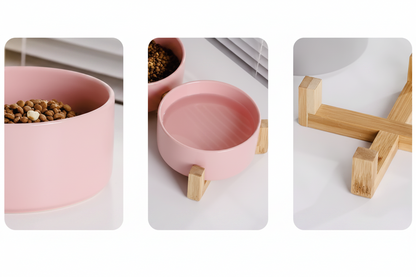 Vues rapprochées : bol en céramique rose rempli, bol rose, support en bambou