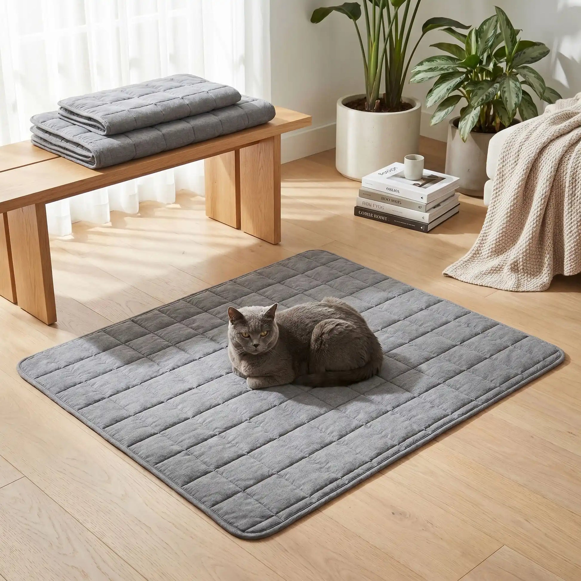 Tapis rafraîchissant pour chat gris, surface matelassée en relief, avec chat allongé.