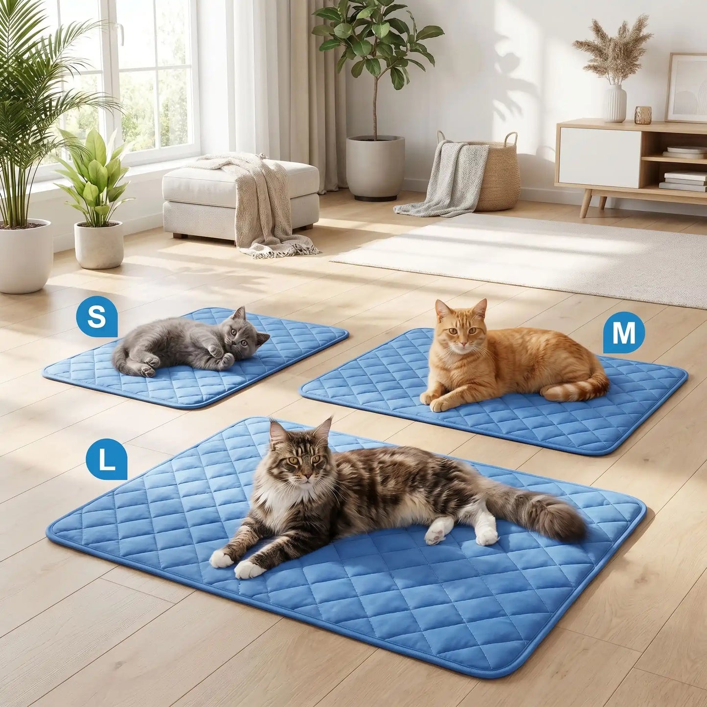 Tapis rafraîchissant pour chat bleu, tailles S M L visibles, avec trois chats allongés.