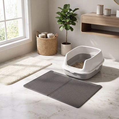 Tapis litière pour chat gris anthracite quadrillé, à plat au sol, grand format