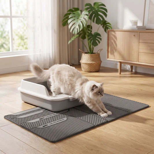 Tapis litière pour chat gris anthracite quadrillé, grand format, avec chat en train d’utiliser