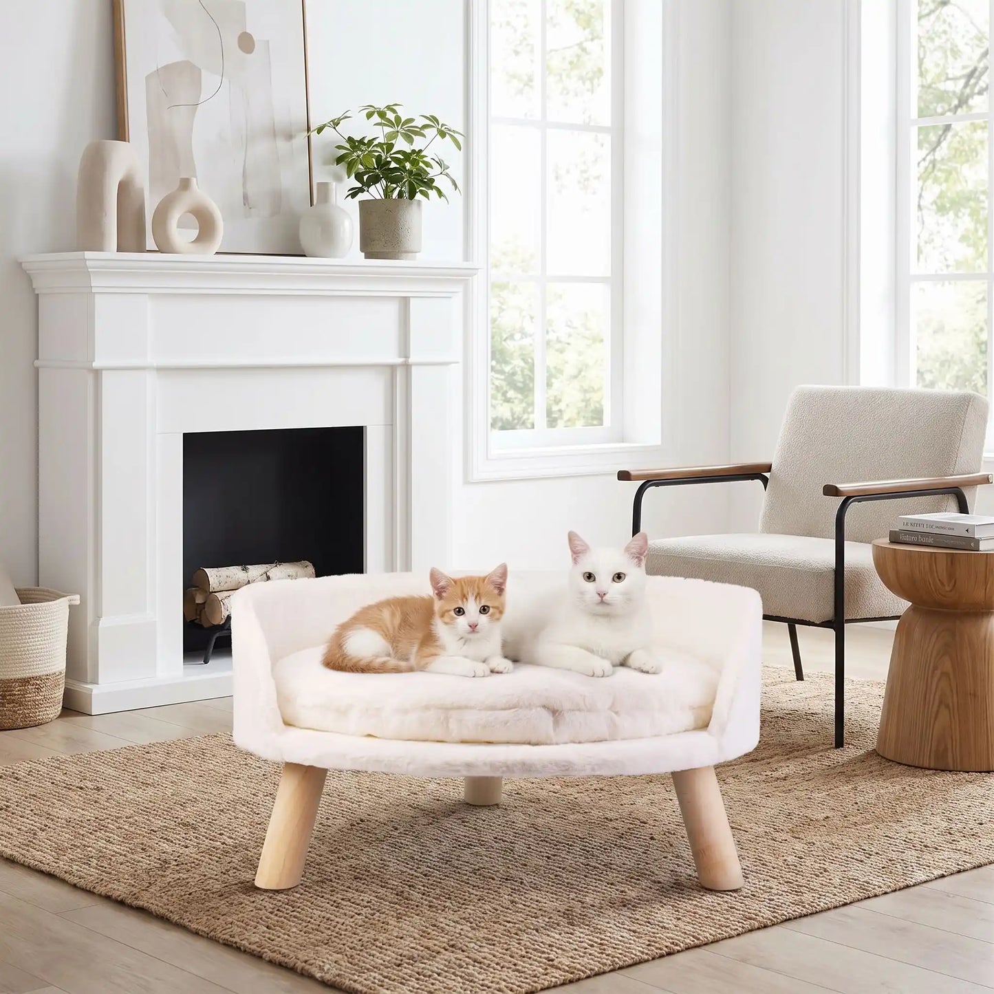 
 Lit pour chat sur pieds en bois taille L — deux chatons roux et blanc reposés ensemble dans un salon lumineux

