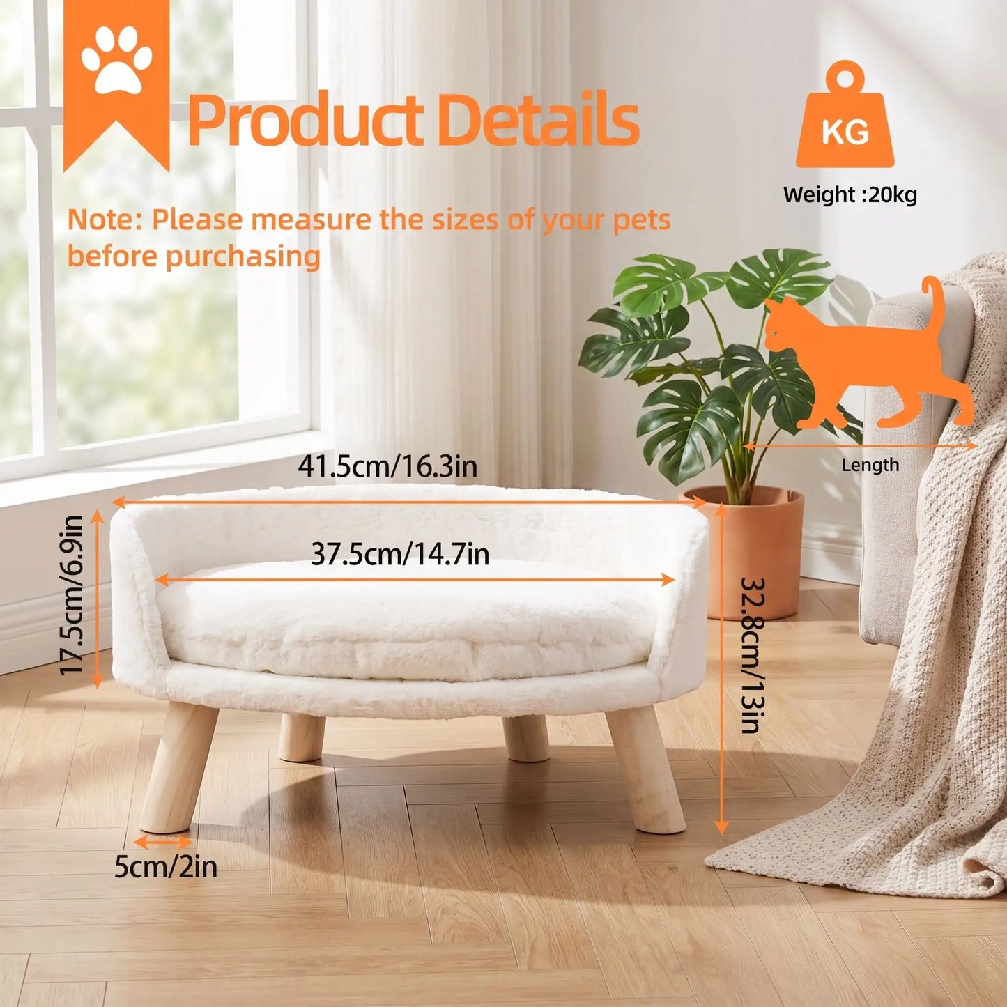  lit pour chat taille S : 41,5 x 32,8 cm, hauteur 17,5 cm, pieds 5 cm — charge maximale 20 kg