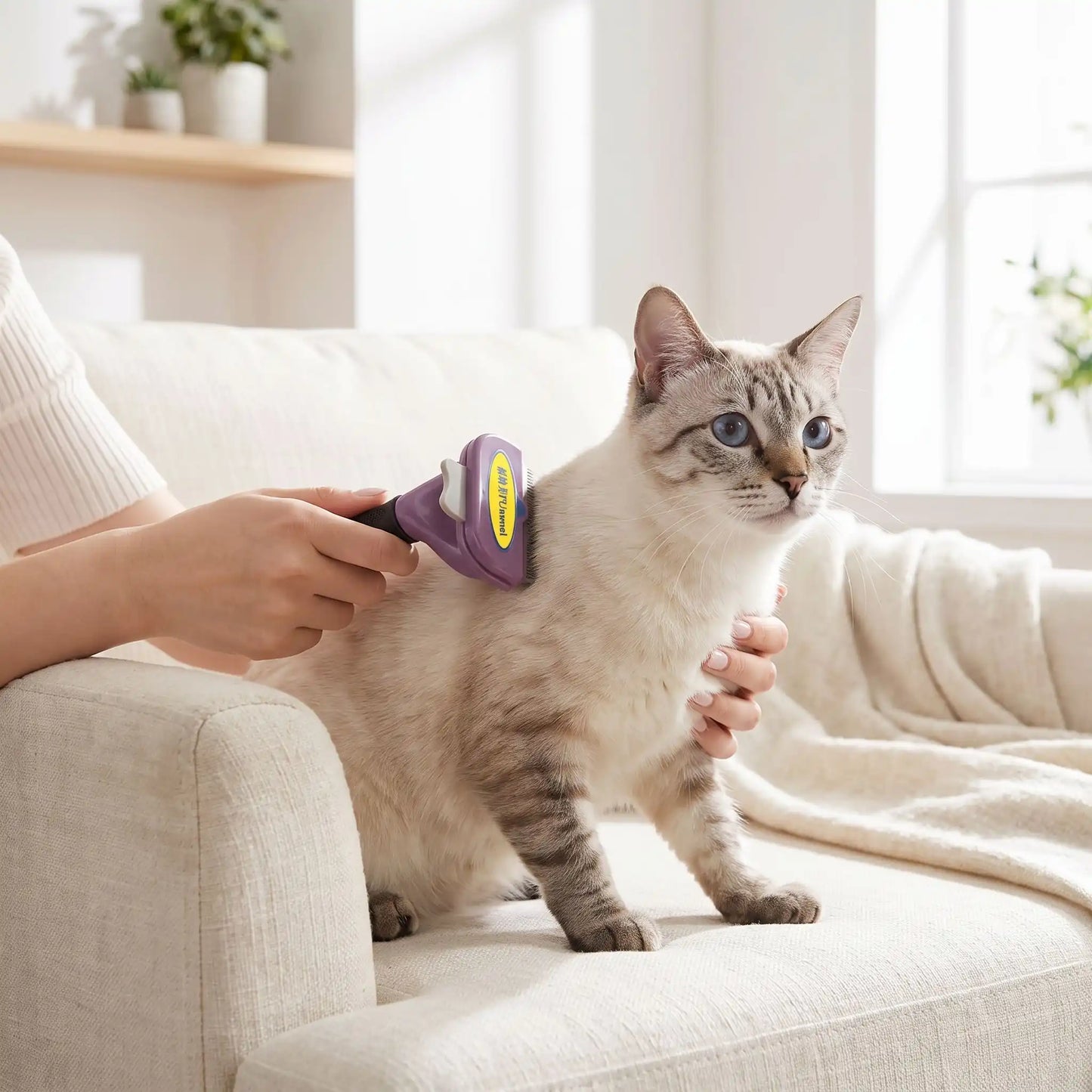 Brosse PurFect violette en usage : peignage sur chat beige assis