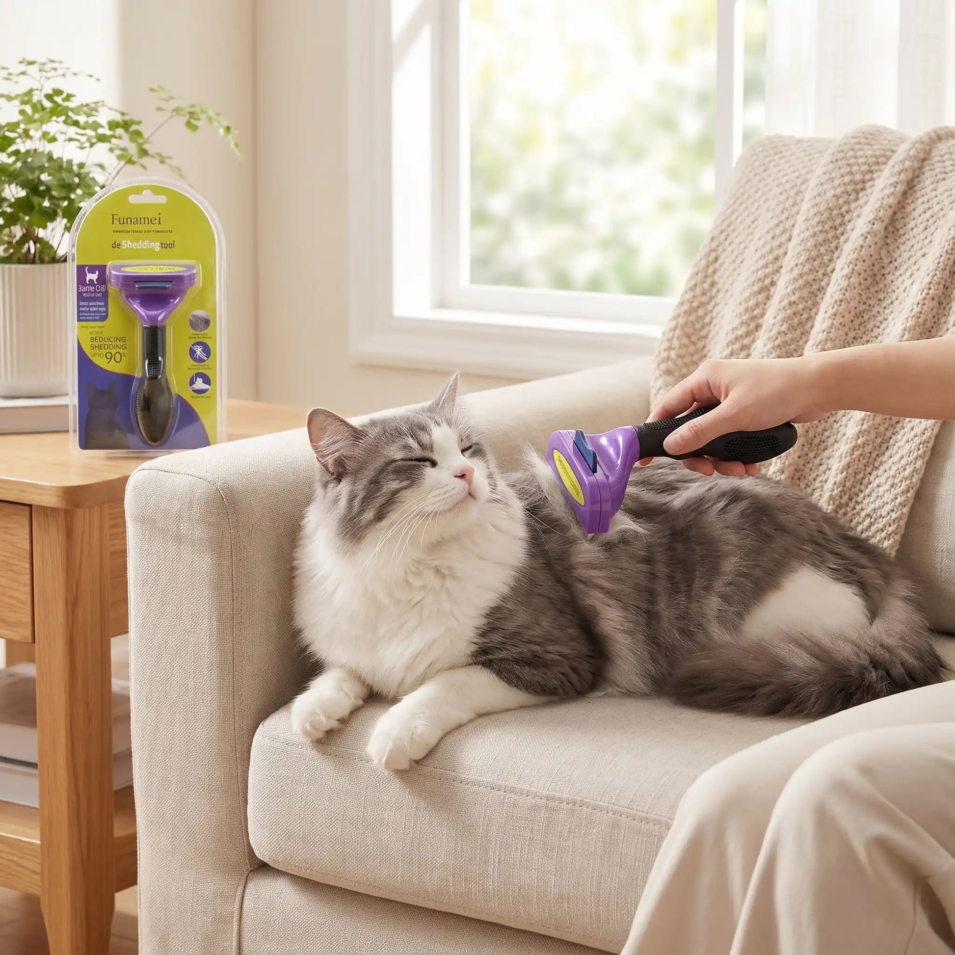 Brosse PurFect violette et chat sur un coussin : toilettage avec peigne à dents