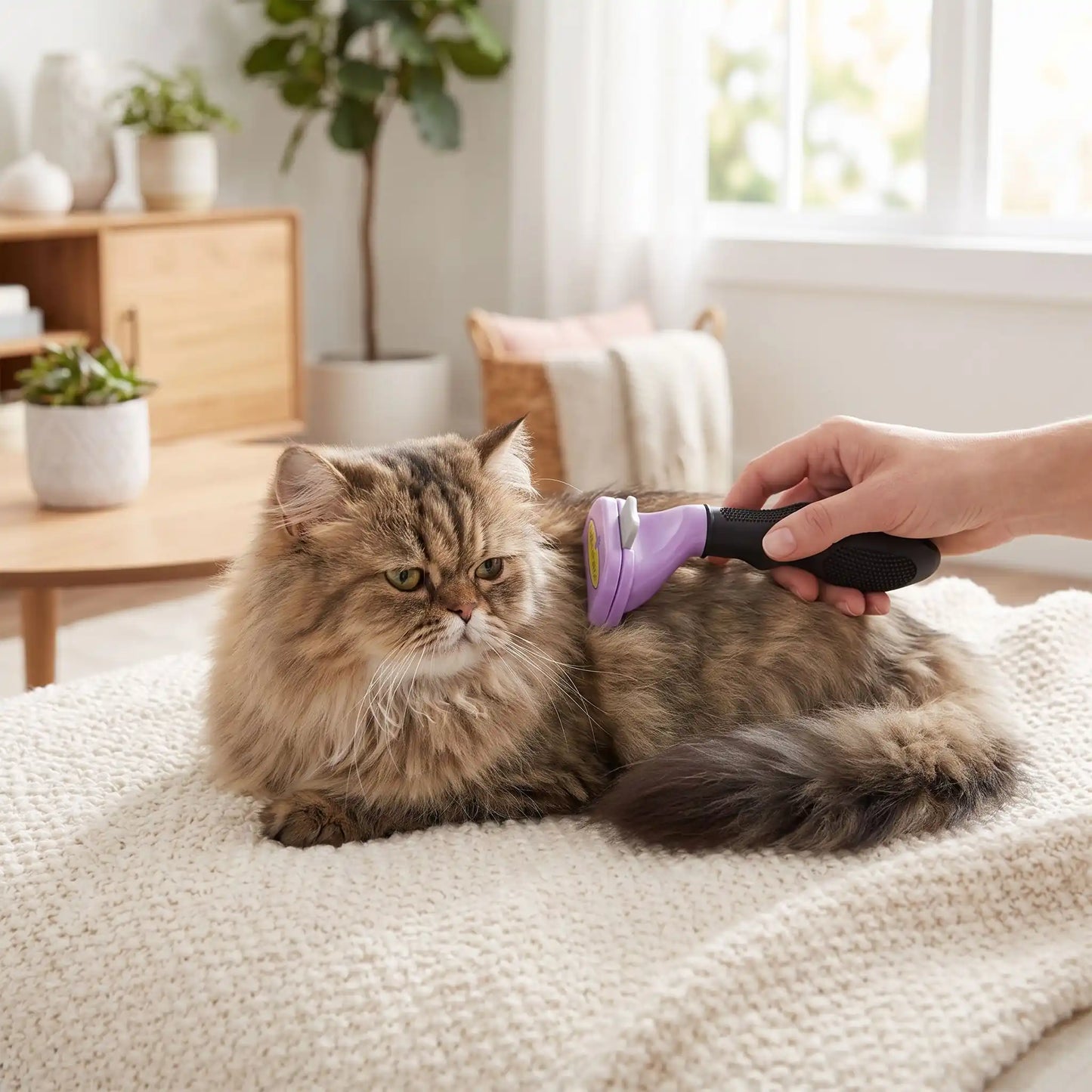Brosse PurFect violette en usage sur chat gris : peigne à dents pour poils