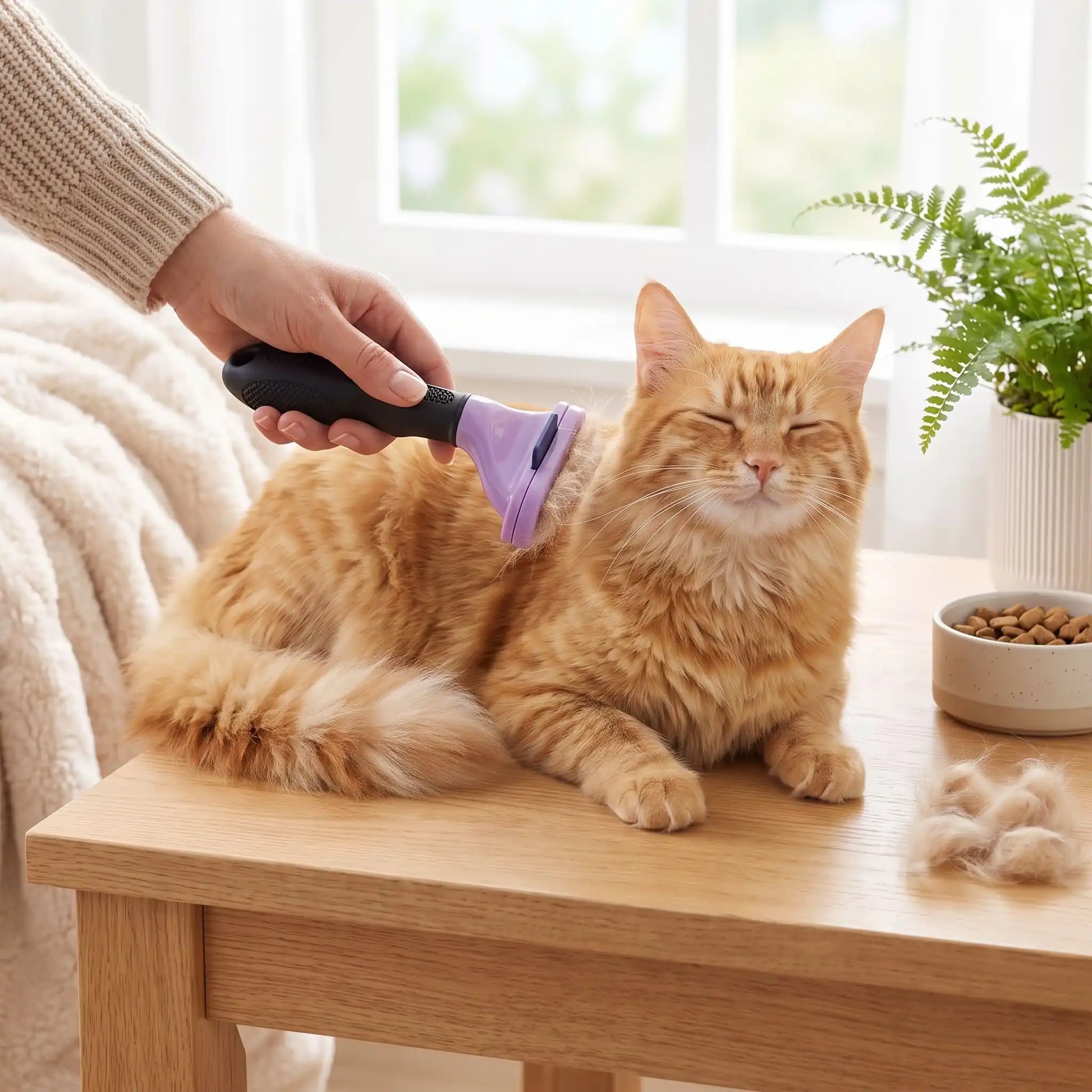 Brosse PurFect violette sur chat roux : peignage avec manche noir et peigne