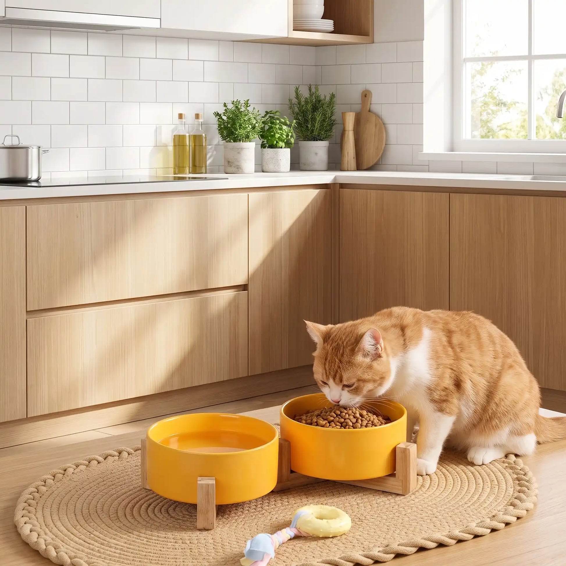 Chat utilisant une gamelle surélevée double en céramique jaune sur support bambou