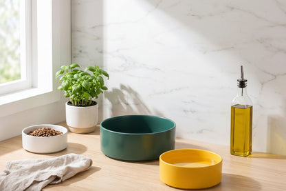 Gamelle surélevée en céramique verte avec support bambou, et bol jaune assorti