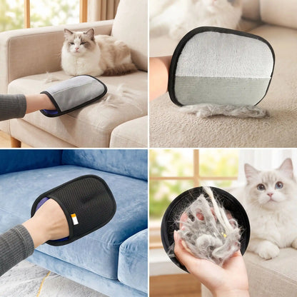 Gant de toilettage pour chat noir à picots, posé sur la main sur coussin.