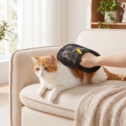 Gant de toilettage pour chat noir à picots, utilisé sur un chat orange sur canapé.