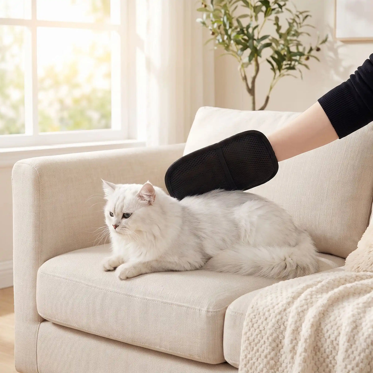 Gant de toilettage pour chat noir à picots, utilisé sur un chat blanc sur canapé.