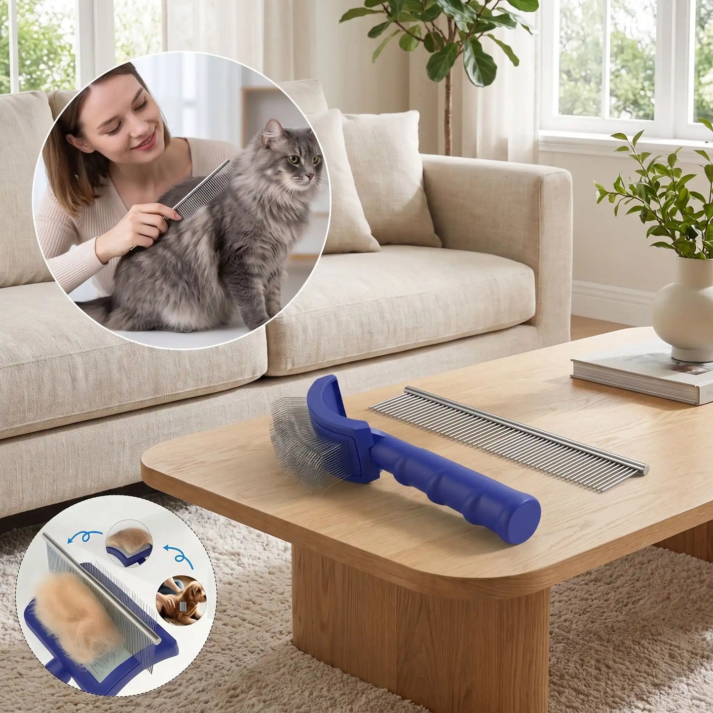Brosse chat poil long | Lot brosse + peigne double densité | Anti-nœuds