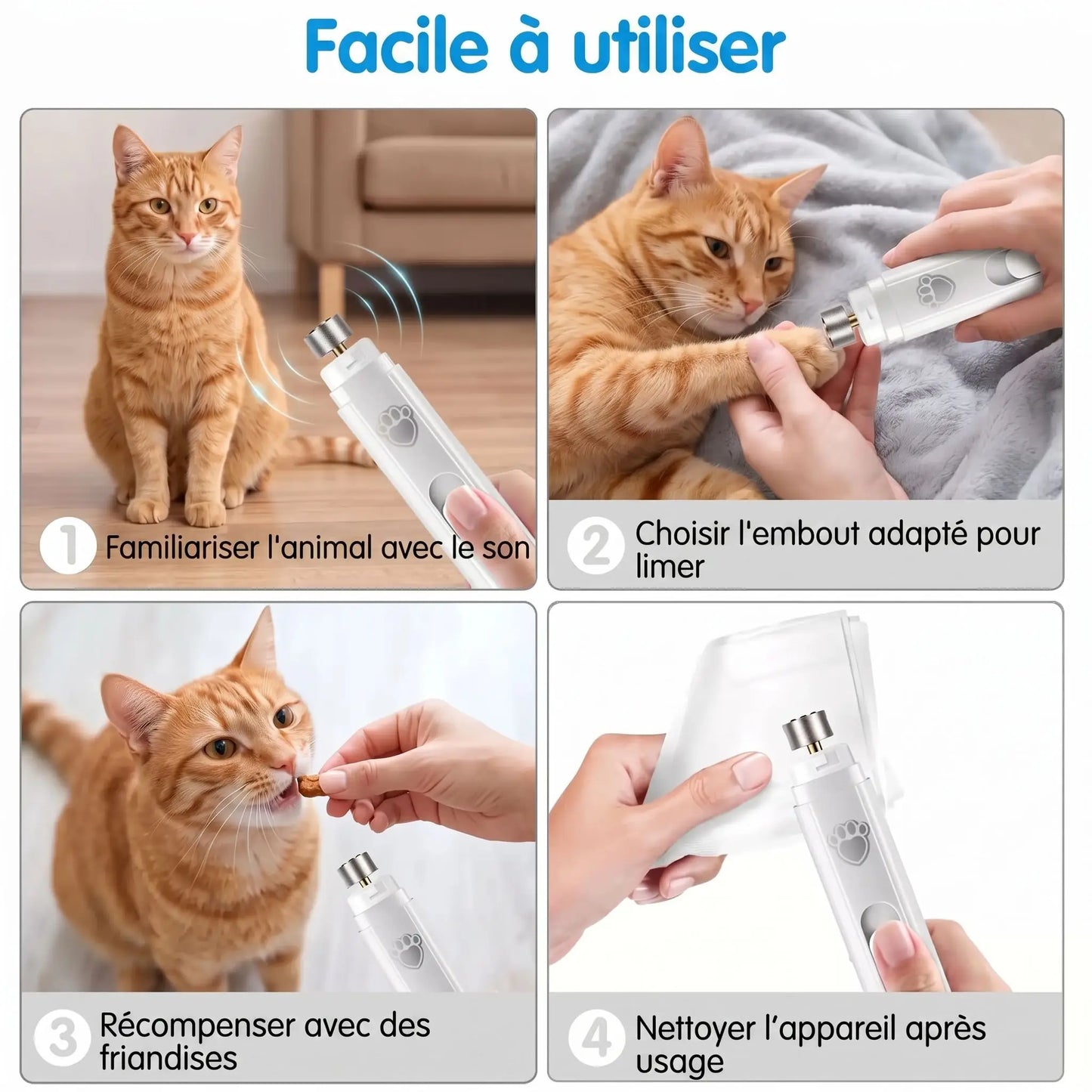 Lime à ongles électrique pour chat, embout de limage appliqué sur la patte