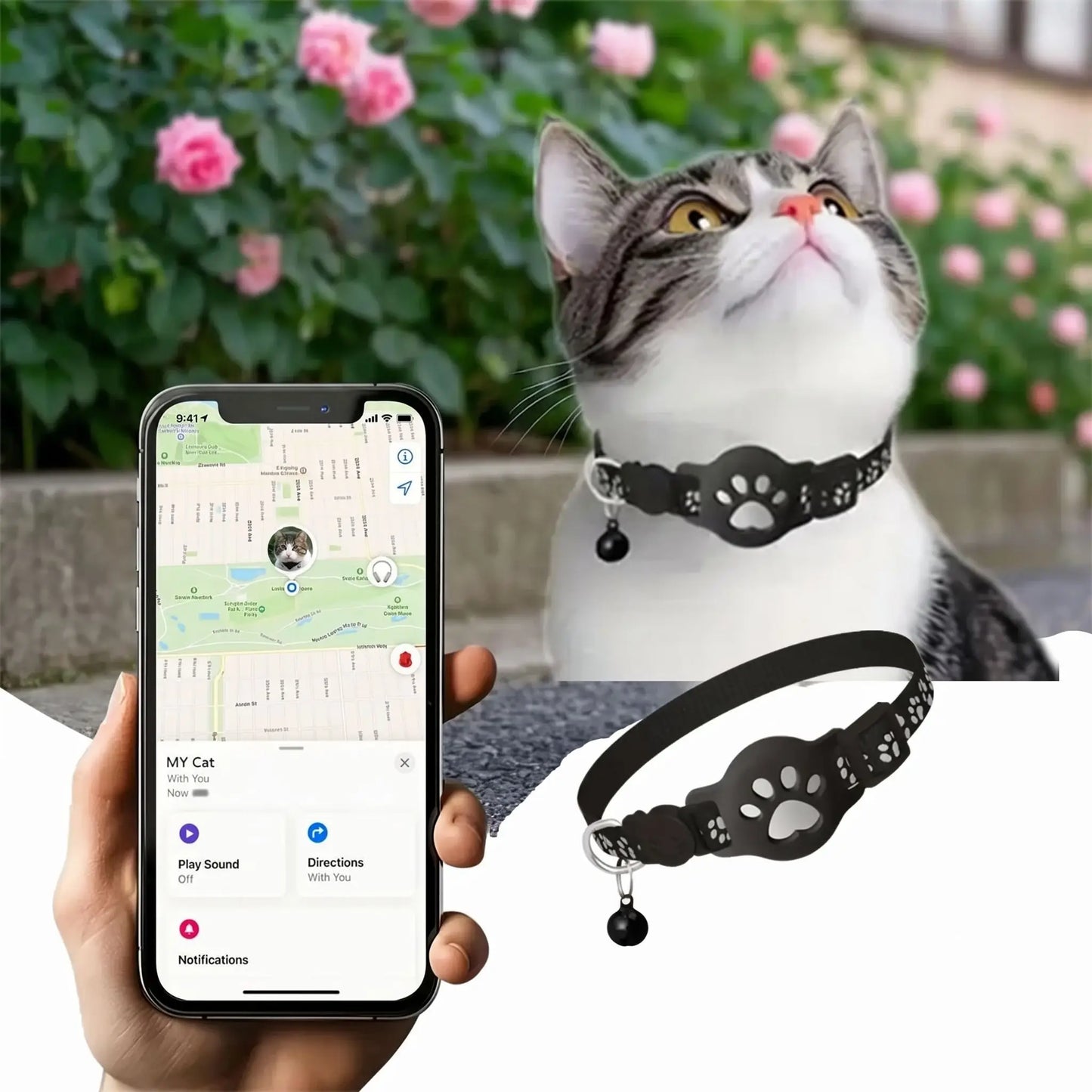 Collier GPS traceur noir sur chat, sangle motif patte et pendentif grelot