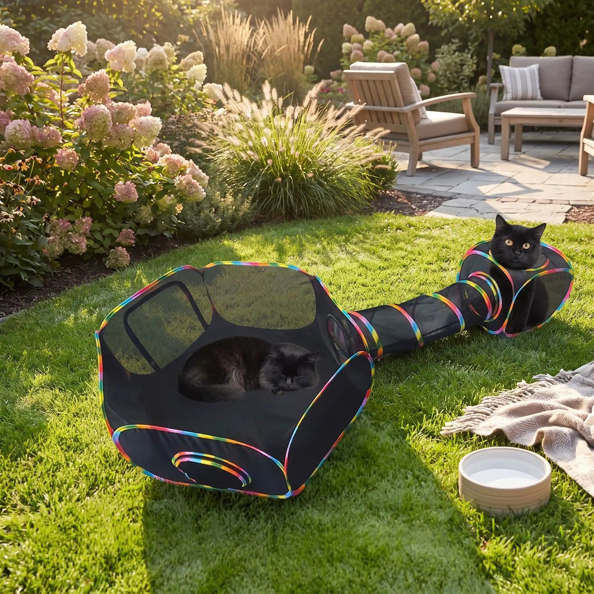 Tunnel pliable pour chat en tissu noir, entrée ronde, chat noir et tunnel au jardin.