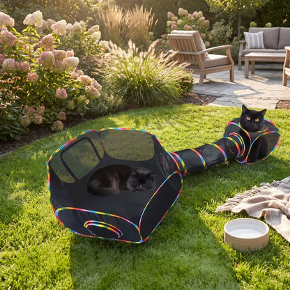 Tunnel pliable pour chat en tissu noir, entrée ronde, chat noir et tunnel au jardin.
